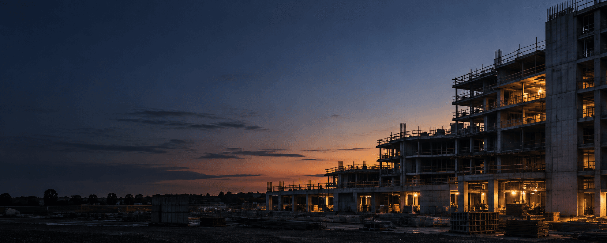 A concrete building under construction at dusk