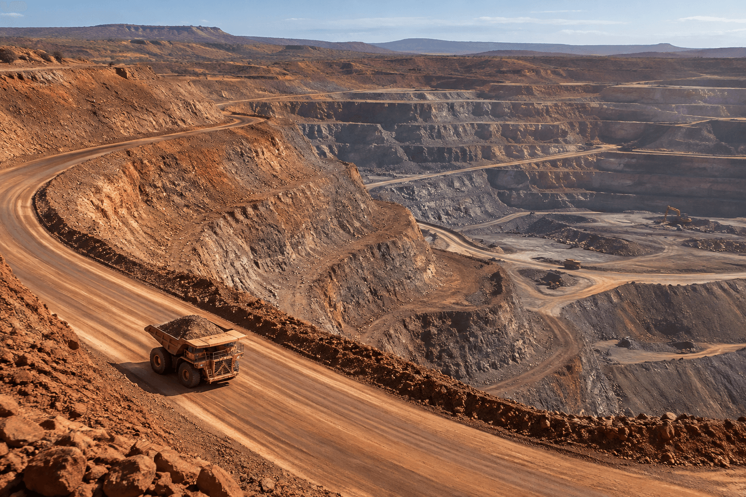 A haul truck travelling through a terraced open-pit mine